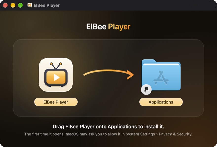 The install window: the ElBee Player icon on the left, an arrow, and the Applications folder on the right